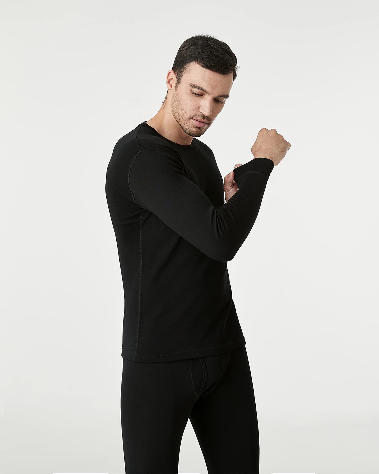 Lapasa Mens 100% Merino Wool Base Layer Thermal Shirt Underwear Long Sleeve Crew Neck Thermal Top M29, Black, Large