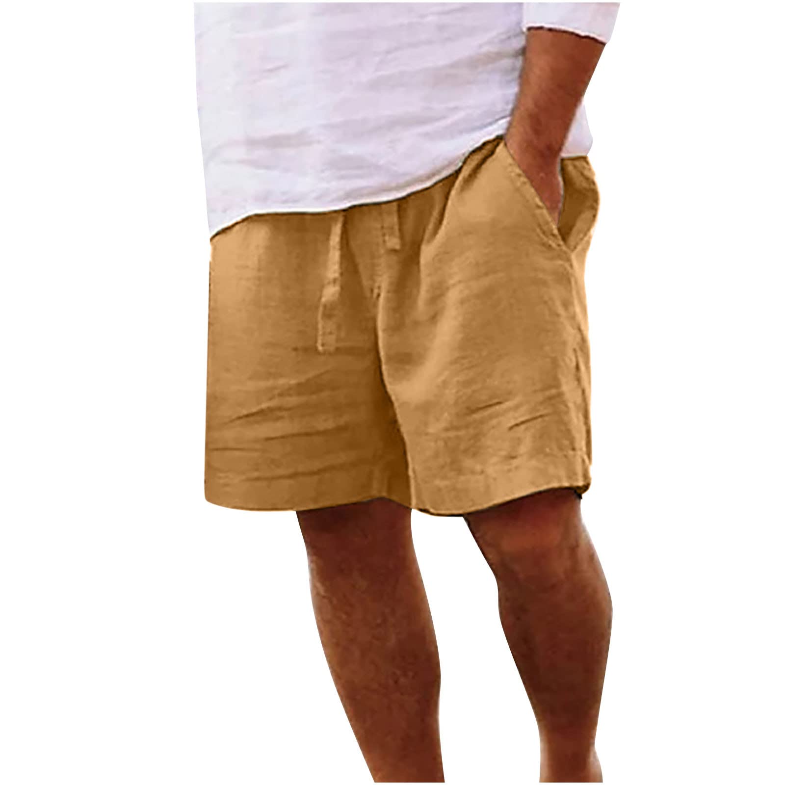 Athletic Shorts Mens Men Linen Shorts Elastic Waist Drawstring Cotton Linen Shorts with Pockets Loose Fit Outdoor Summer Beach Shorts White Linen Shorts Men 7 Inch Inseam Yellow 5X