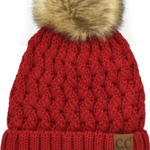 C.C Women’s Winter Cable Sherpa Fleece Lined Ribbed Beanie Lattice Braided Knit Crossover Stitch Faux Fur Pom Soft Warm Hat Red