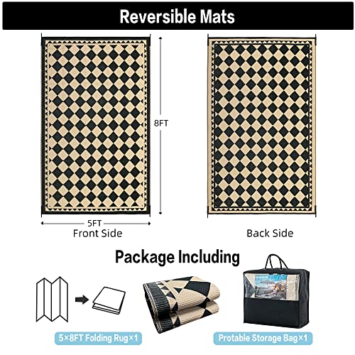 HUGEAR Outdoor Rug for Patios Clearance,Waterproof Mat,Large Outside Carpet,Reversible Plastic Straw Camping Rugs,Rv,Porch,Deck,Camper,Balcony,Backyard (5x8,Checkered/Black&Beige)