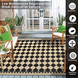 HUGEAR Outdoor Rug for Patios Clearance,Waterproof Mat,Large Outside Carpet,Reversible Plastic Straw Camping Rugs,Rv,Porch,Deck,Camper,Balcony,Backyard (5x8,Checkered/Black&Beige)