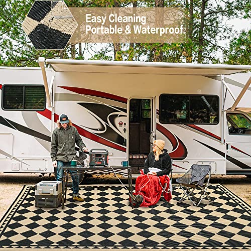 HUGEAR Outdoor Rug for Patios Clearance,Waterproof Mat,Large Outside Carpet,Reversible Plastic Straw Camping Rugs,Rv,Porch,Deck,Camper,Balcony,Backyard (5x8,Checkered/Black&Beige)