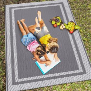 HappyTrends Outdoor Rug Reversible Portable Plastic Straw Camping Rugs for Outside RV,Large Waterproof Outdoor Area Rugs for Patio,Deck,Porch,Balcony(5'x 8',White&Gray)