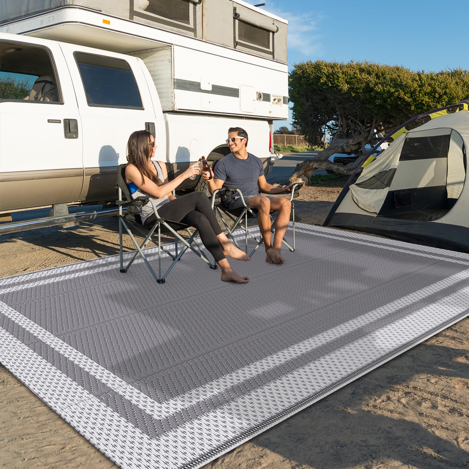 HappyTrends Outdoor Rug Reversible Portable Plastic Straw Camping Rugs for Outside RV,Large Waterproof Outdoor Area Rugs for Patio,Deck,Porch,Balcony(5'x 8',White&Gray)