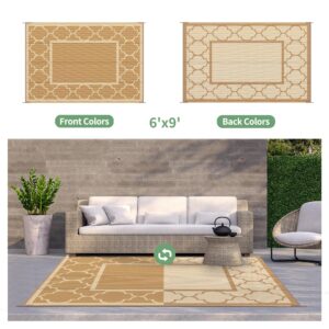 GENIMO 6' x 9' Outdoor Rug Waterproof for Patio Decor, Foldable Reversible Plastic Straw Area Rugs Mat for Camper, Outside Carpet for Rv, Deck, Porch, Picnic, Beach, Balcony, Brown & Beige