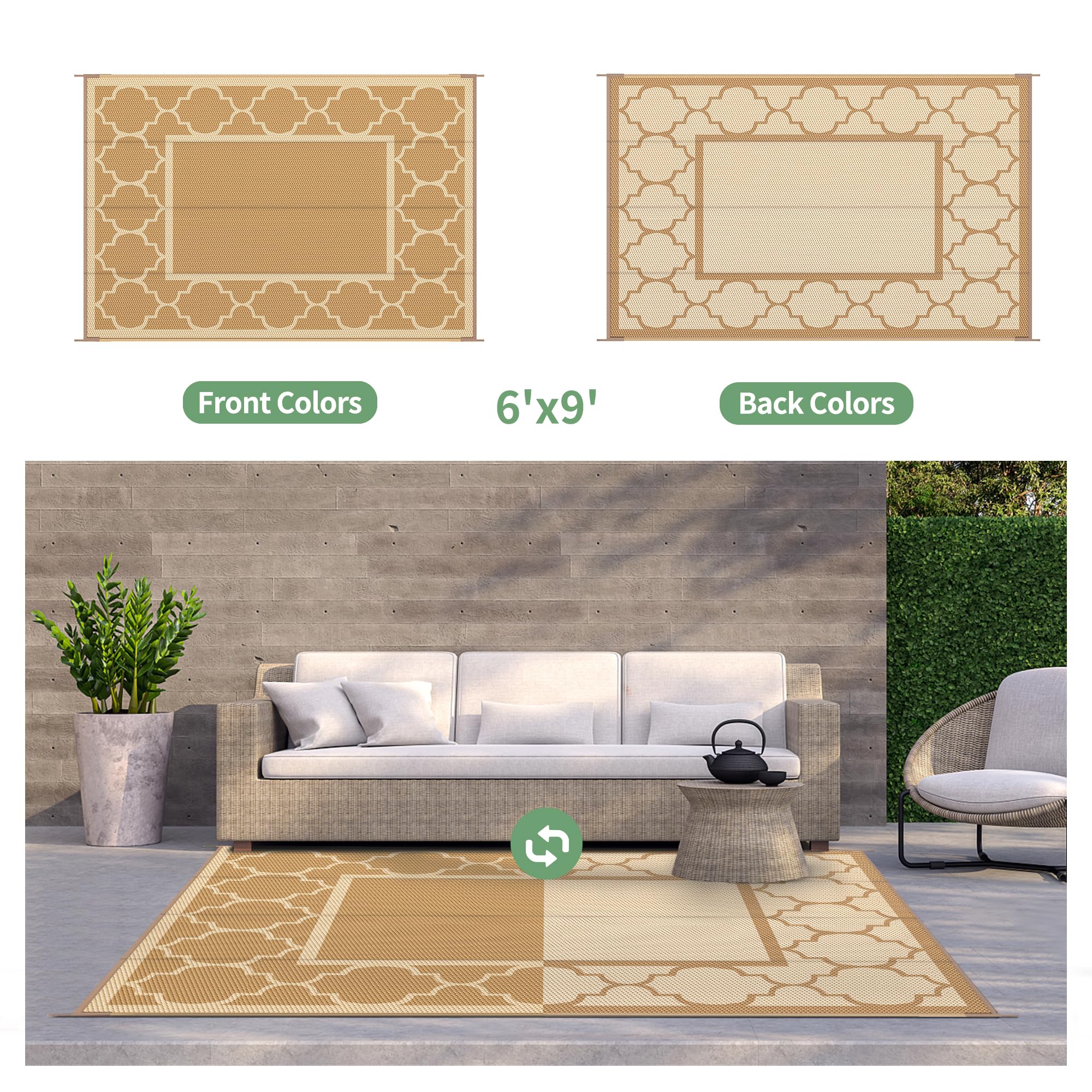 GENIMO 6' x 9' Outdoor Rug Waterproof for Patio Decor, Foldable Reversible Plastic Straw Area Rugs Mat for Camper, Outside Carpet for Rv, Deck, Porch, Picnic, Beach, Balcony, Brown & Beige