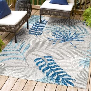 jonathan y amc100a-3 tropics palm leaves indoor outdoor area-rug bohemian floral easy-cleaning high traffic bedroom kitchen backyard patio porch non shedding, 3 x 5, gray/blue