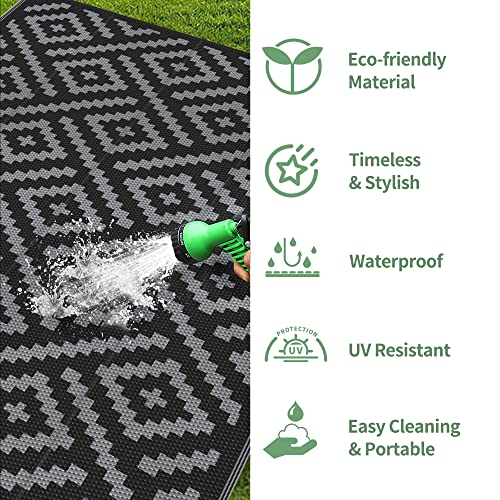 GENIMO Outdoor Rug for Patio Clearance,5'x8' Waterproof Mat,Reversible Plastic Camping Rugs,Rv,Porch,Deck,Camper,Balcony,Backyard,Black & Gray