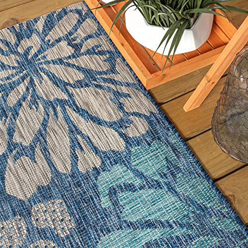 JONATHAN Y SMB110C-4 Zinnia Modern Floral Textured Weave Indoor Outdoor Area-Rug Bohemian Coastal Easy-Cleaning Bedroom Kitchen Backyard Patio Non Shedding, 4 X 6, Navy/Aqua