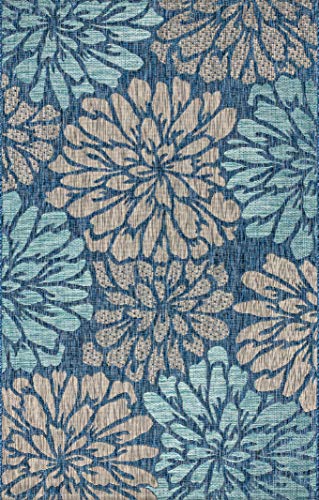 JONATHAN Y SMB110C-4 Zinnia Modern Floral Textured Weave Indoor Outdoor Area-Rug Bohemian Coastal Easy-Cleaning Bedroom Kitchen Backyard Patio Non Shedding, 4 X 6, Navy/Aqua