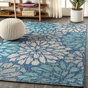 JONATHAN Y SMB110C-4 Zinnia Modern Floral Textured Weave Indoor Outdoor Area-Rug Bohemian Coastal Easy-Cleaning Bedroom Kitchen Backyard Patio Non Shedding, 4 X 6, Navy/Aqua