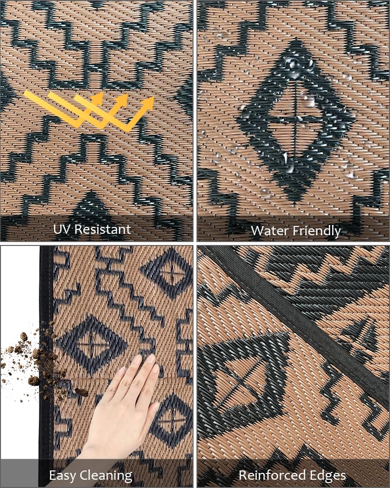 Outdoor Rugs - Reversible Mats, 5'x8' Plastic Straw Rug for Patio Clearance Waterproof, Indoor Outdoor Area Rug Carpet for Outside, RV, Deck, Picnic, Beach, Trailer, Camping(Black & Brown)