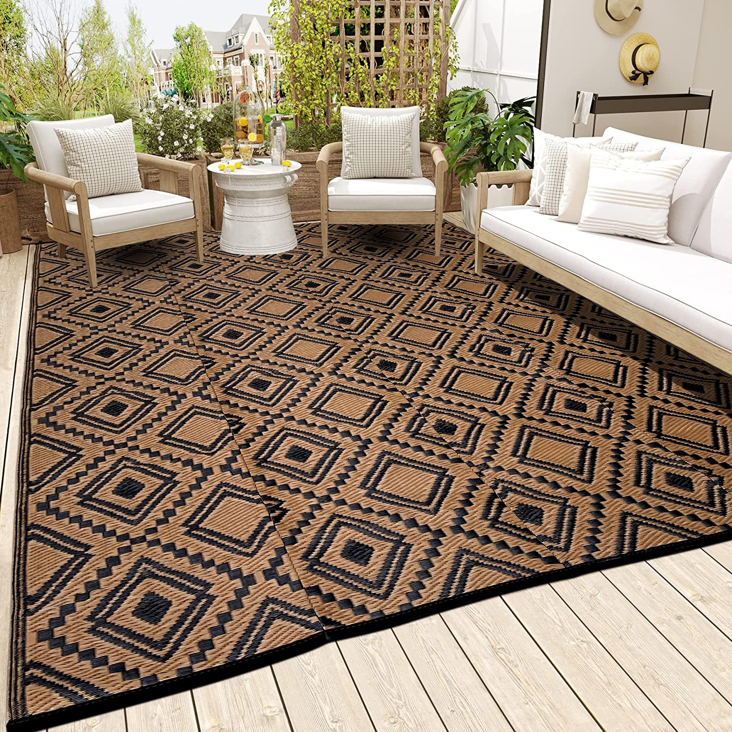 Outdoor Rugs for Patio Clearance - 5'x8' Waterproof Reversible Indoor Outdoor Rug Carpet, Portable Plastic Straw Rug for RV Camping, Picnic, Beach, Porch, Deck(Rug001#,Black&Brown)