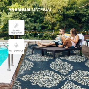 wikiwiki Outdoor Rug, 5x8ft Waterproof Reversible Mat Indoor Outdoor Rugs Carpet, Small Area Rug Plastic Straw Rug for Patio Deck Balcony Pool RV Camping Beach Picnic, Blue & Beige