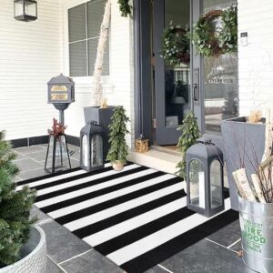 black and white outdoor rug 3'x 5',collive hand-woven washable striped christmas outdoor rug,farmhouse front porch rug decor,welcome layered door mats for front door/entryway/kitchen/patio