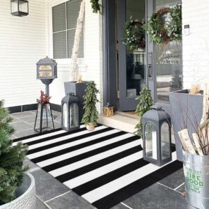 Black and White Outdoor Rug 3'x 5',Collive Hand-Woven Washable Striped Christmas Outdoor Rug,Farmhouse Front Porch Rug Decor,Welcome Layered Door Mats for Front Door/Entryway/Kitchen/Patio