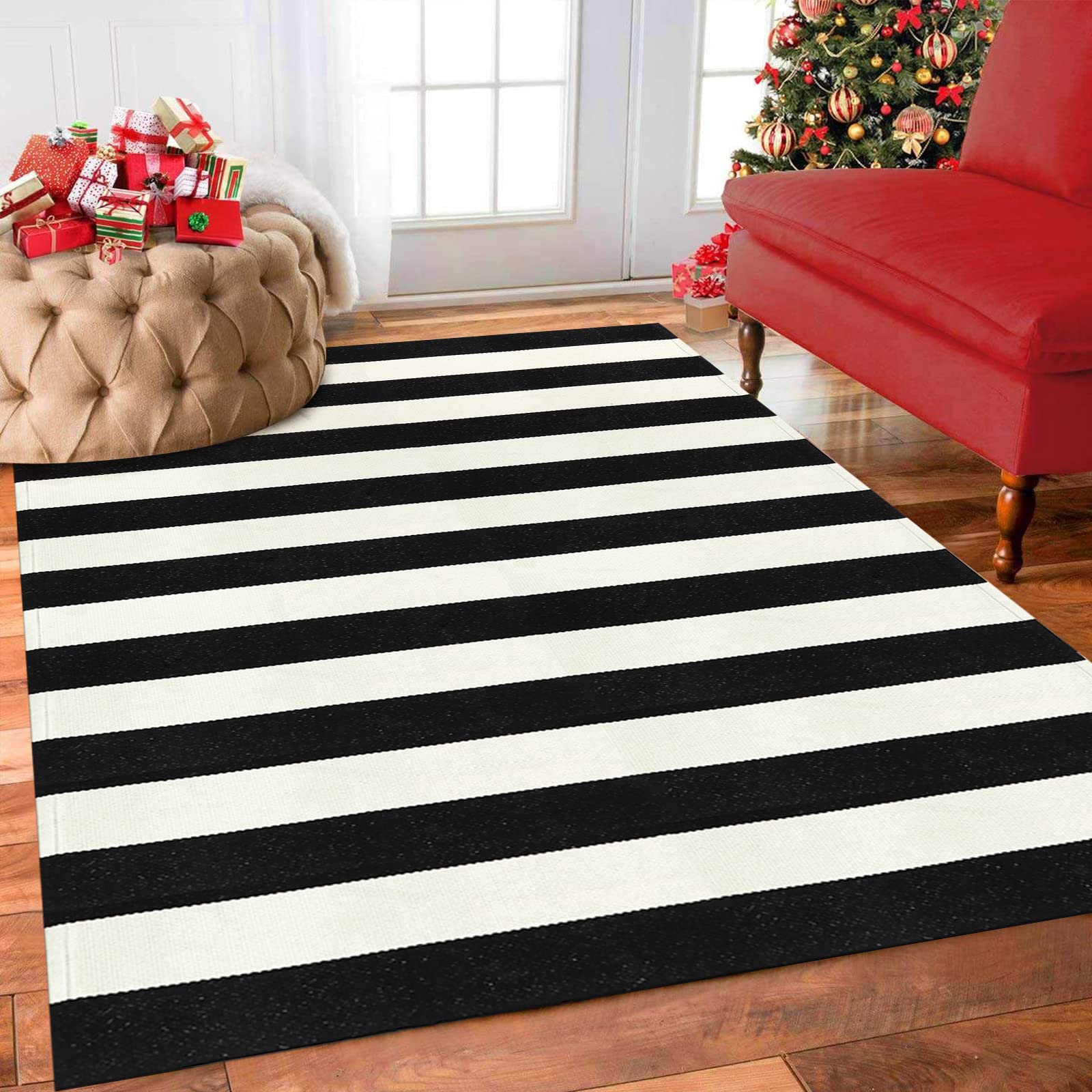 Black and White Outdoor Rug 3'x 5',Collive Hand-Woven Washable Striped Christmas Outdoor Rug,Farmhouse Front Porch Rug Decor,Welcome Layered Door Mats for Front Door/Entryway/Kitchen/Patio