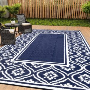 hugear outdoor rug mats, large waterproof area rug, reversible portable plastic straw carpet for rv deck camping front door indoor outside porch picnic (8x10ft lantern navy blue&white)