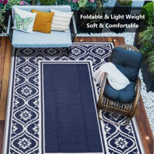 HUGEAR Outdoor Rug Mats, Large Waterproof Area Rug, Reversible Portable Plastic Straw Carpet for RV Deck Camping Front Door Indoor Outside Porch Picnic (8x10ft Lantern Navy Blue&White)