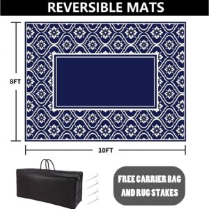 HUGEAR Outdoor Rug Mats, Large Waterproof Area Rug, Reversible Portable Plastic Straw Carpet for RV Deck Camping Front Door Indoor Outside Porch Picnic (8x10ft Lantern Navy Blue&White)