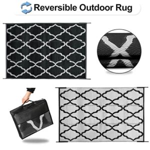 OutdoorLines Outdoor Plastic Area Rugs for Patio 4x6 ft - Reversible Outside Carpet, Stain & UV Resistant RV Mats, Straw Rug for Camping, Deck Garden, Porch and Balcony, Moroccan Black & Light Grey