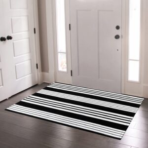 OJIA Black and White Outdoor Rug 3 x 5 ft Cotton Hand-Woven Striped Porch Rug Machine Washable Entry Rug Indoor/Outdoor Area Rug Front Door Rug Floor Mat for Farmhouse/Living Room/Home Entrance