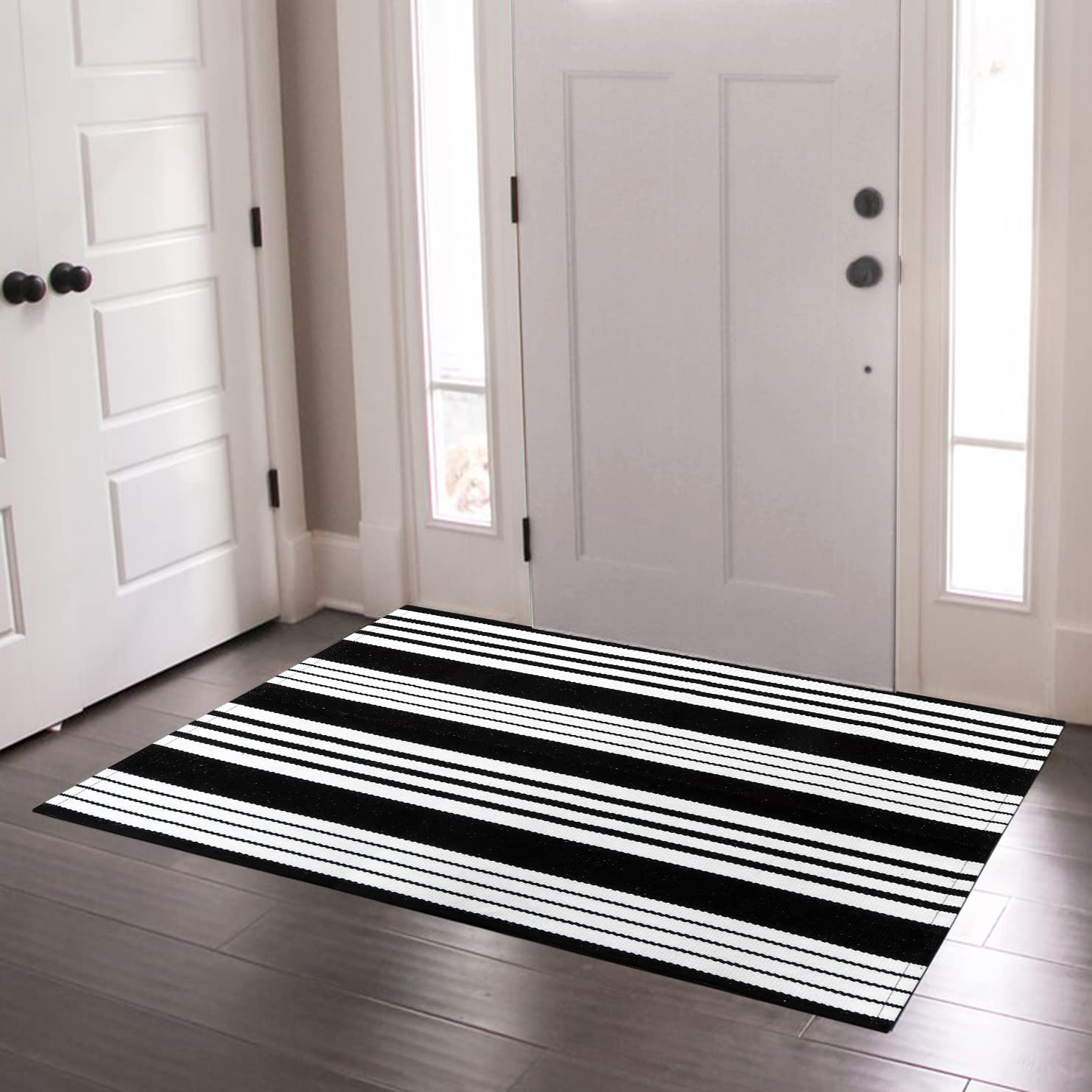 OJIA Black and White Outdoor Rug 3 x 5 ft Cotton Hand-Woven Striped Porch Rug Machine Washable Entry Rug Indoor/Outdoor Area Rug Front Door Rug Floor Mat for Farmhouse/Living Room/Home Entrance