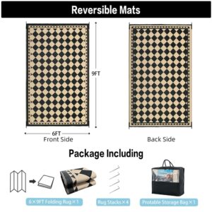 HUGEAR Outdoor Rug for Patios Clearance,Waterproof Mat,Large Outside Carpet,Reversible Plastic Straw Camping Rugs,Rv,Porch,Deck,Camper,Balcony,Backyard (6x9,Checkered/Black&Beige)