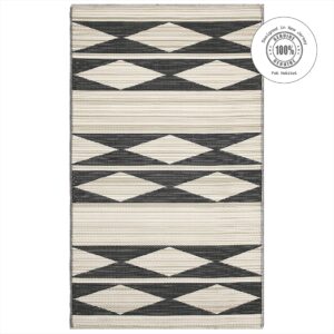 Fab Habitat Outdoor Rug - Waterproof, Fade Resistant, Crease-Free - Premium Recycled Plastic - Geo Tribal - Porch, Deck, Balcony, Mudroom, Laundry Room, Patio - Cairo - Natural & Black - 3 x 5 ft