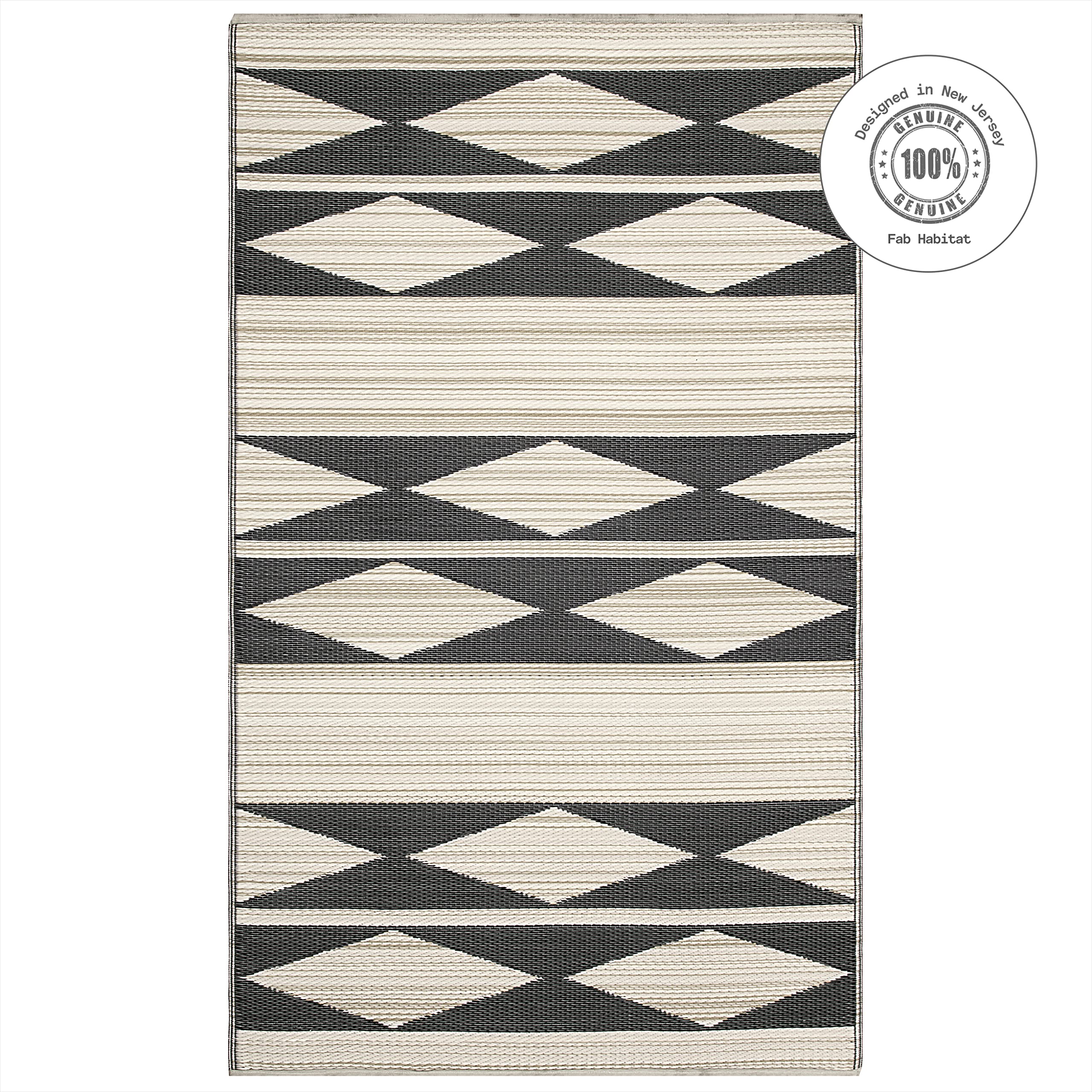 Fab Habitat Outdoor Rug - Waterproof, Fade Resistant, Crease-Free - Premium Recycled Plastic - Geo Tribal - Porch, Deck, Balcony, Mudroom, Laundry Room, Patio - Cairo - Natural & Black - 3 x 5 ft