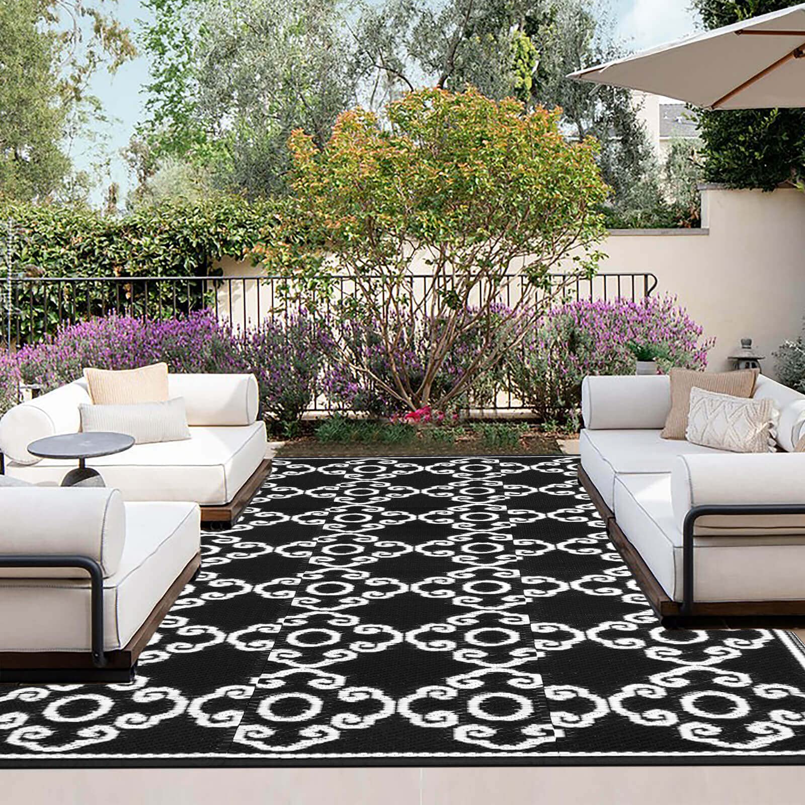 OutdoorLines Outdoor Reversible Rugs for Patio 4x6 ft - Outside Plastic Carpet, Stain & UV Resistant Portable RV Mat, Straw Rug for Camping, Backyard, Deck, Picnic, Porch Moroccan Flower Black & White