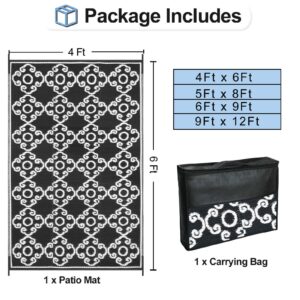 OutdoorLines Outdoor Reversible Rugs for Patio 4x6 ft - Outside Plastic Carpet, Stain & UV Resistant Portable RV Mat, Straw Rug for Camping, Backyard, Deck, Picnic, Porch Moroccan Flower Black & White