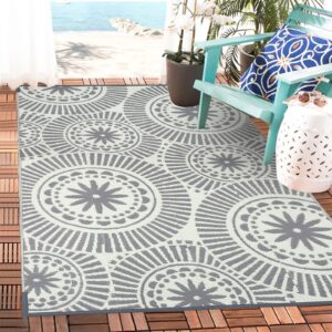 Ileading Reversible Plastic Outdoor Rug Modern Geometric Style Straw Mat, Waterproof Patios Carpet 5x8ft Non Shedding Portable Decor Area Rugs for Deck RV Picnic Beach Backyard (5' x 8'Grey)