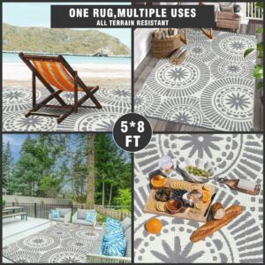 Ileading Reversible Plastic Outdoor Rug Modern Geometric Style Straw Mat, Waterproof Patios Carpet 5x8ft Non Shedding Portable Decor Area Rugs for Deck RV Picnic Beach Backyard (5' x 8'Grey)