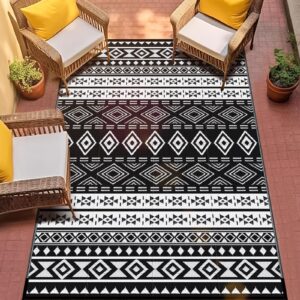 gotgelif outdoor rug 5x8ft boho style, reversible & water-resistance & portable plastic straw rug for rv trips, picnic, camping, outdoor, garden, patio - white and black patio rug