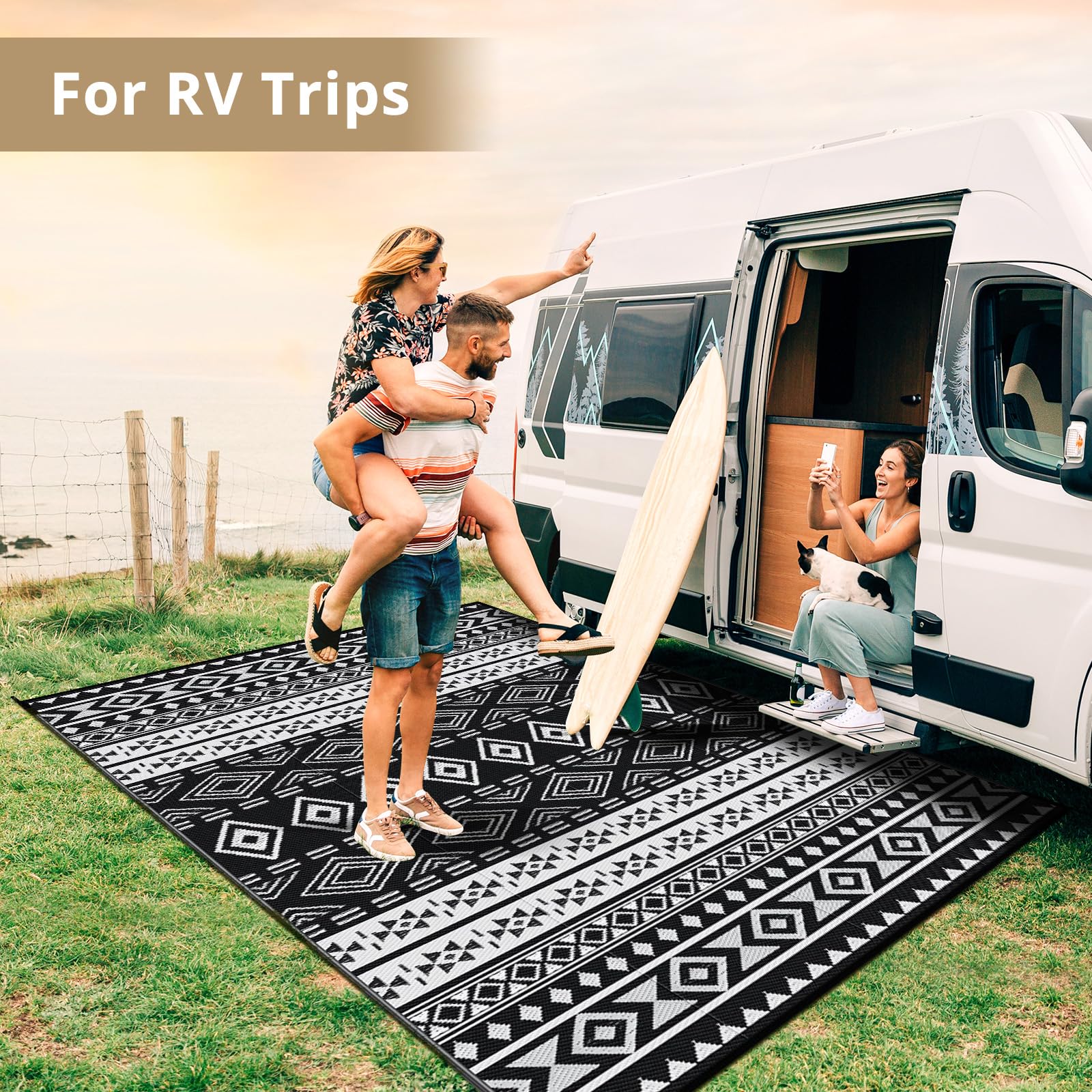 GOTGELIF Outdoor Rug 5X8FT Boho Style, Reversible & Water-Resistance & Portable Plastic Straw Rug for RV Trips, Picnic, Camping, Outdoor, Garden, Patio - White and Black Patio Rug