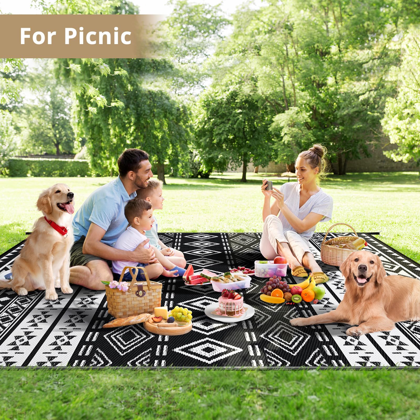 GOTGELIF Outdoor Rug 5X8FT Boho Style, Reversible & Water-Resistance & Portable Plastic Straw Rug for RV Trips, Picnic, Camping, Outdoor, Garden, Patio - White and Black Patio Rug