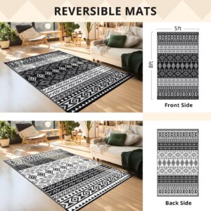 GOTGELIF Outdoor Rug 5X8FT Boho Style, Reversible & Water-Resistance & Portable Plastic Straw Rug for RV Trips, Picnic, Camping, Outdoor, Garden, Patio - White and Black Patio Rug