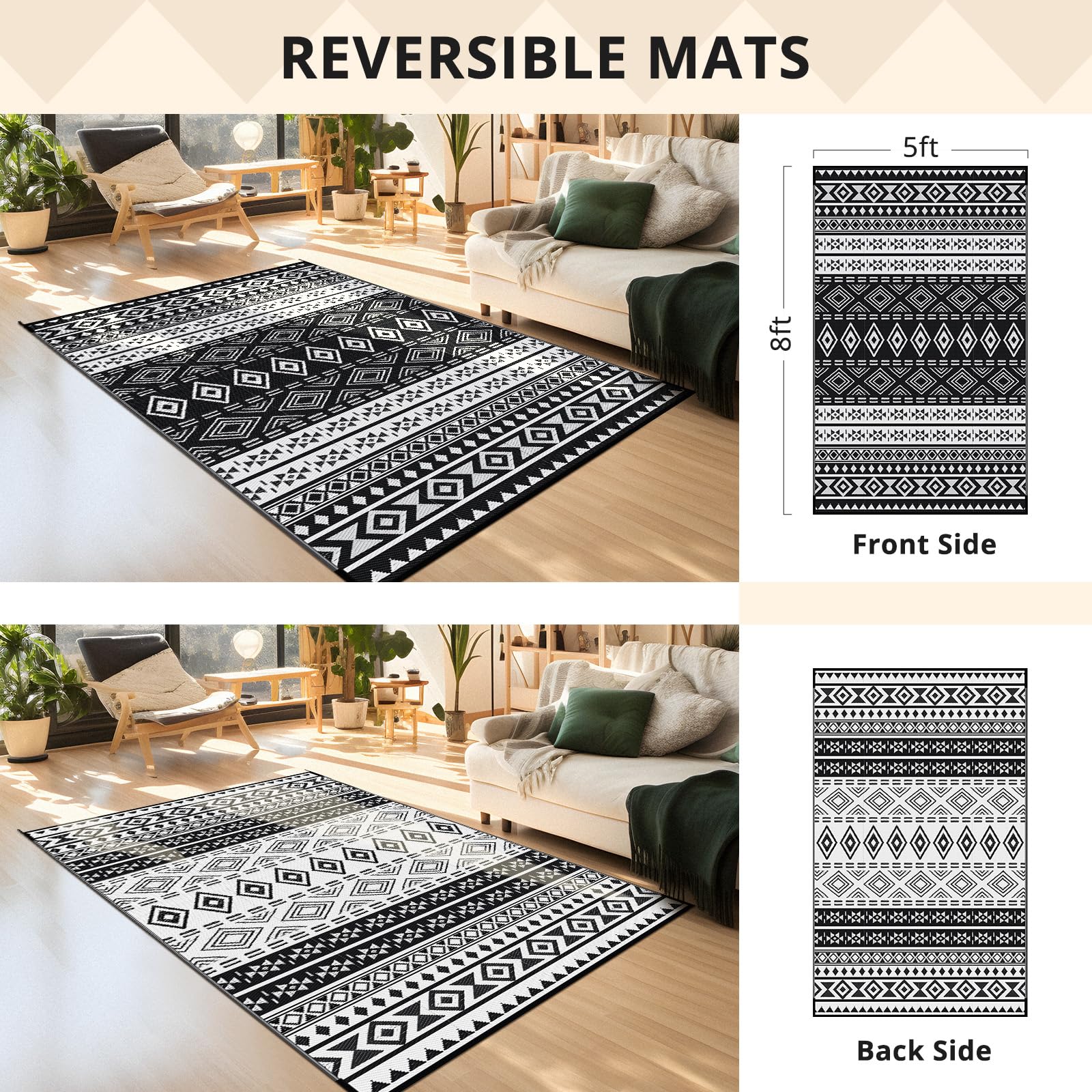 GOTGELIF Outdoor Rug 5X8FT Boho Style, Reversible & Water-Resistance & Portable Plastic Straw Rug for RV Trips, Picnic, Camping, Outdoor, Garden, Patio - White and Black Patio Rug