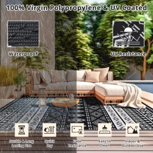 GOTGELIF Outdoor Rug 5X8FT Boho Style, Reversible & Water-Resistance & Portable Plastic Straw Rug for RV Trips, Picnic, Camping, Outdoor, Garden, Patio - White and Black Patio Rug