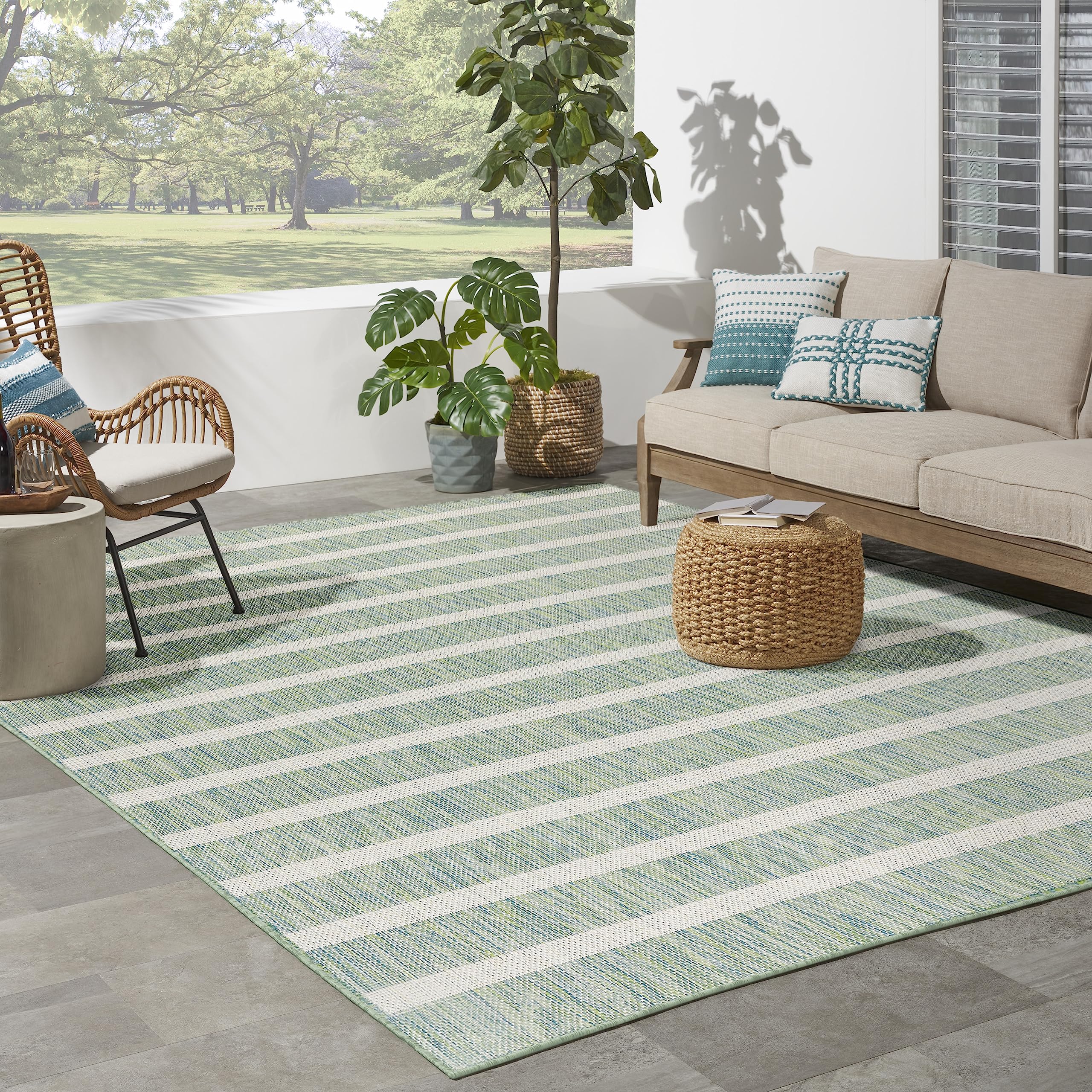 Nourison Positano Indoor/Outdoor Blue Green Ivory 8' x 10' Area Rug, Easy Cleaning, Non Shedding, Bed Room, Living Room, Dining Room, Backyard, Deck, Patio (8x10)