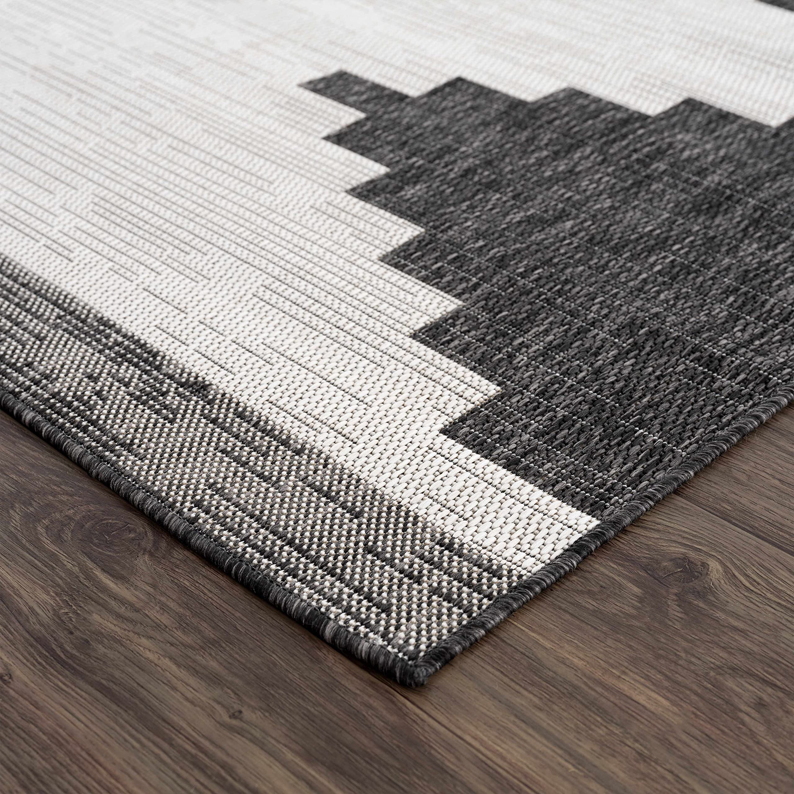 Hauteloom Djugun Outdoor Area Rug - Outside Porch Patio Rug Carpet - Waterproof Rug - Geometric - Black, Gray, Off White, White - 5'3" x 7'7"