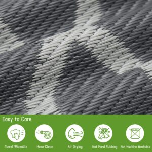 Easy-Going Reversible Outdoor Rugs 6x9ft Waterproof Plastic Straw Rug Stain & UV Resistant Floor Mat for Patio Porch RV Backyard Pool Deck Picnic Beach Trailer Camping (Moroccan Grey & Light Grey)