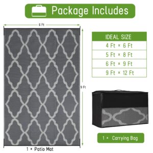 Easy-Going Reversible Outdoor Rugs 6x9ft Waterproof Plastic Straw Rug Stain & UV Resistant Floor Mat for Patio Porch RV Backyard Pool Deck Picnic Beach Trailer Camping (Moroccan Grey & Light Grey)