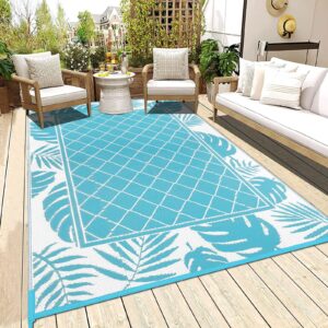 Ileading Outdoor Rug Carpet for Patio 4' x6' Waterproof Reversible Plastic Straw Rug Portable Outside Area Rug Camping Mat for Patio, Clearance, Balcony, Picnic, Pool, Beach, RV, Deck, Leaf Teal