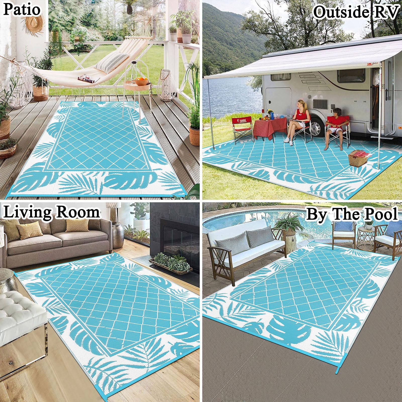 Ileading Outdoor Rug Carpet for Patio 4' x6' Waterproof Reversible Plastic Straw Rug Portable Outside Area Rug Camping Mat for Patio, Clearance, Balcony, Picnic, Pool, Beach, RV, Deck, Leaf Teal