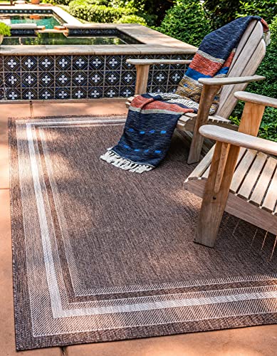 Unique Loom Outdoor Border Collection Area Rug - Soft Border (9' x 12' Rectangle, Brown/ Ivory)