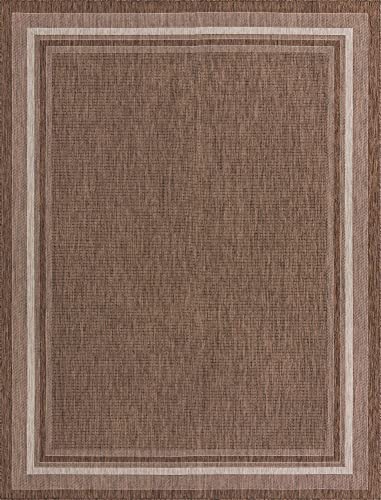 Unique Loom Outdoor Border Collection Area Rug - Soft Border (9' x 12' Rectangle, Brown/ Ivory)