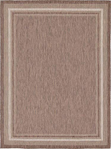 Unique Loom Outdoor Border Collection Area Rug - Soft Border (9' x 12' Rectangle, Brown/ Ivory)