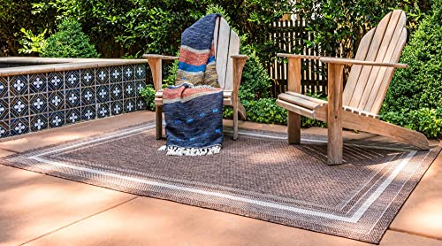 Unique Loom Outdoor Border Collection Area Rug - Soft Border (9' x 12' Rectangle, Brown/ Ivory)